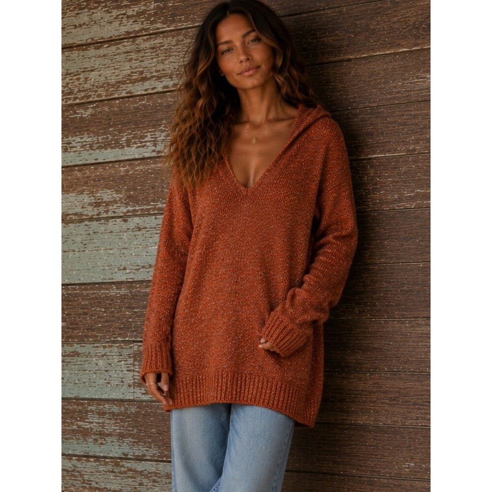 Avalin Burnt Orange Hooded Sweater Cardigan Long Cozy Knit Size M